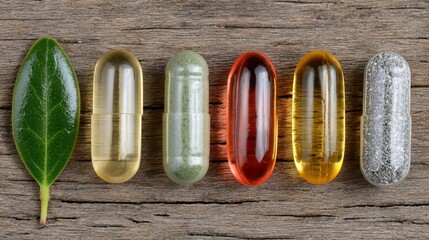 Colorful Capsules and Leaf on Wood Surface: Natural Supplement and Wellness Concept