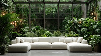 A modern living room features a plush white sectional sofa surrounded by abundant lush green plants.