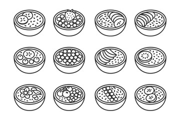 Twelve bowl varieties: bananas, berries, kiwi, and seeds - minimalist line art.