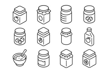 Outlined jars and containers with jam and sauce line icons collection.
