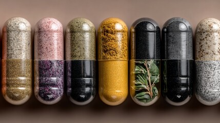 Colorful capsules filled with natural ingredients showcasing alternative medicine remedies
