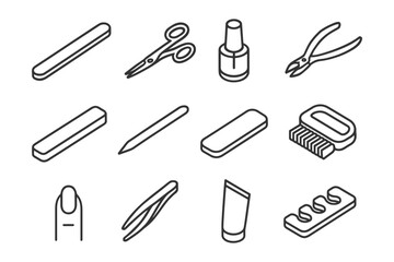Obraz premium Essential manicure tools: nail file, scissors, polish, clippers, brush, and more.