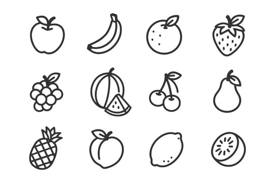 Fruit icon set: simple outline drawings of apple, banana, orange, strawberry, and more.
