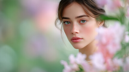 Naklejka premium Delicate woman with natural makeup and green eyes standing among soft pastel flowers, gentle spring portrait with blurred floral background, romantic mood, freshness, beauty and femininity conce