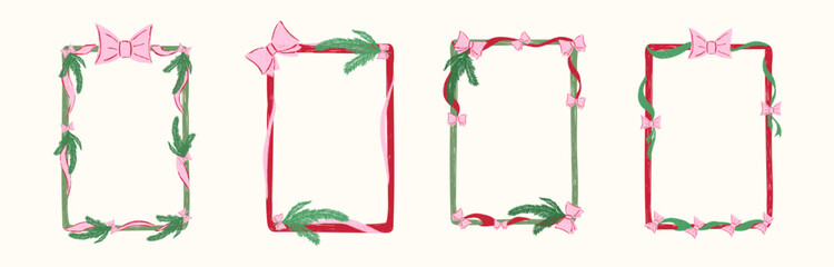 Hand Drawn xmas red, green, pink frame set with doodle bows, lace, ribbons. Coquette whimsical line borders for Merry Christmas, New Year, birthday, wedding, poster. Vintage minimalist vector illustra