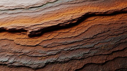 Close up view of weathered layered rock formations with rich reddish brown tones