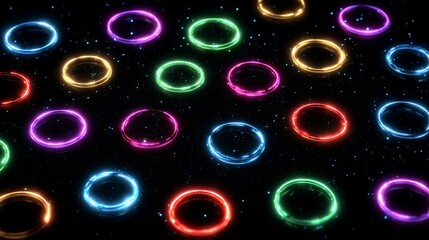 Colorful glowing rings on a dark background, creating a dynamic and futuristic abstract pattern