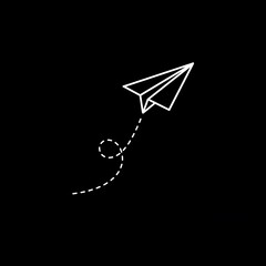 A white line drawing of a paper airplane flying upward on a black background, trailing a dashed line that forms a single loop-de-loop.