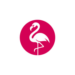 Minimalist flamingo logo in white silhouette inside pink circle, elegant tropical bird icon in flat vector style