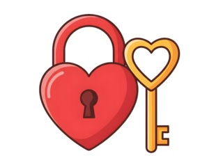 Heart shaped lock and heart shaped key isolated on transparent background