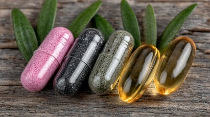 Colorful Nutritional Supplements and Olive Leaves on Rustic Wooden Surface Still Life Composition