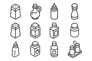 Collection of kitchen condiment icons: salt, pepper, oil, sauce, vinegar bottles.