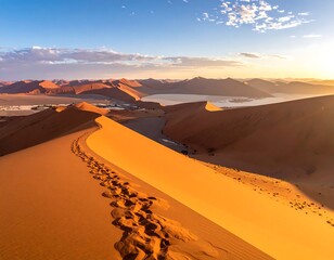 Vast panoramic vista of rolling golden sand dunes under a clear blue sky, with a path and footprints leading the way