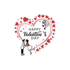 Romantic Valentine&rsquo;s Day vector illustration featuring a large heart shape created with many small red hearts. Stylish handwritten calligraphy text &ldquo;Happy Valentine&rsquo;s Day&rdquo; placed in the center. Bright