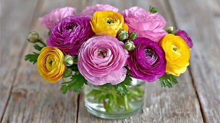 Colorful ranunculus bouquet in a glass vase on a rustic wooden surface creates a charming still