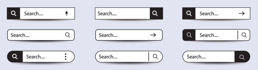 Set of search bar button icon. Internet browser engine with search box, address bar and text field. Web Browser UI Vector Illustration.