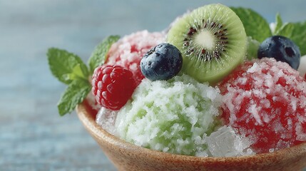 Colorful shaved ice dessert with fresh fruits in a wooden bowl delicious refreshment concept for