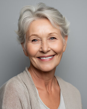 Happy senior woman close-up portrait on gray background