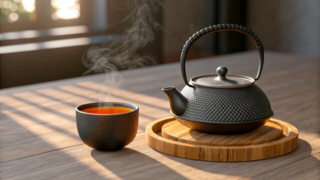Steam rises from tea in a pot on a wooden tray by a window in the afternoon light
