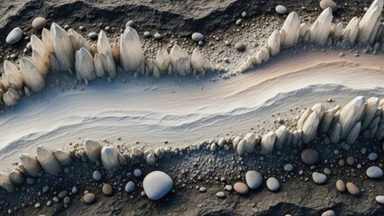 Abstract landscape of crystalline formations and textured sand dunes