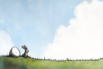 Hand-drawn ink and watercolor-style illustration of a small rabbit sitting in a green meadow next to a single Easter egg under a blue sky with soft clouds. Wide banner composition with generous copy s