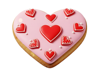 Heart shaped cookie with red hearts on pink icing isolated on transparent background