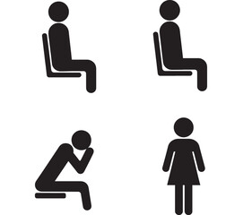 Set of four minimalist black silhouette icons depicting people in different poses: two seated, one thinking, and one female figure