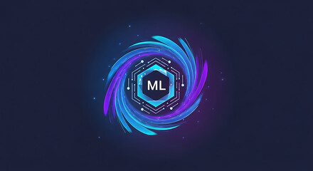 Machine learning logo with hexagon and swirling blue and purple lines on a dark background