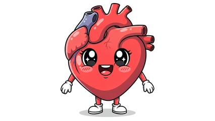 A cute and adorable cartoon illustration of a human heart with a cheerful expression, big sparkling eyes, and bright red color. Suitable for child-friendly medical concepts, health education, and char