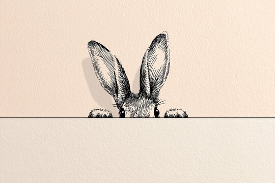 Cute rabbit face and ears peeking above a horizontal line on textured paper background. Minimal Easter concept with large empty space for text or design.