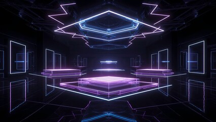 High-tech architectural environment made of transparent glass platforms and cube structures, multiple elevated stages with sharp geometric edges, reflective glass floors, and symmetrical layouts.