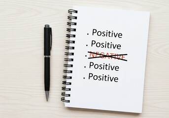 Top view notebook with text positive and negative with a pen.
