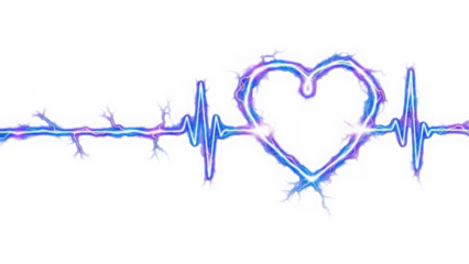 Heartbeat pulse with neon heart isolated on transparent background