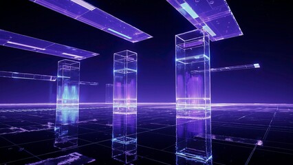 High-tech architectural environment made of transparent glass platforms and cube structures, multiple elevated stages with sharp geometric edges, reflective glass floors, and symmetrical layouts.