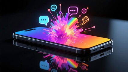 Smartphone lying on a smooth reflective surface, neon speech bubbles and chat icons emerge in a dynamic burst of light form a rainbow, symbolizing digital communication and connectivity.