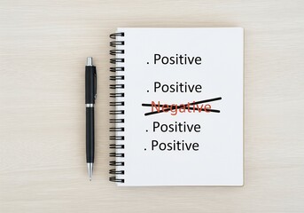 Top view notebook with text positive and negative with a pen.
