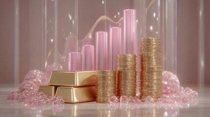 Conceptual image of financial growth with gold bars, coins, and an increasing graph representation