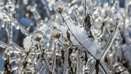 A close-up view of dried flowers and plant stems completely encased in a glistening layer of ice
