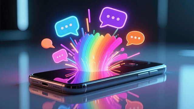 Smartphone lying on a smooth reflective surface, neon speech bubbles and chat icons emerge in a dynamic burst of light form a rainbow, symbolizing digital communication and connectivity.