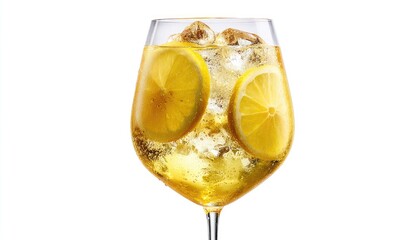 A tall, stemmed glass filled with a refreshing, light-colored beverage, garnished with lemon slices