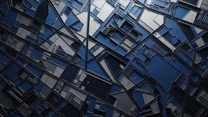 Abstract geometric sculpture with a fractured metallic and blue color scheme