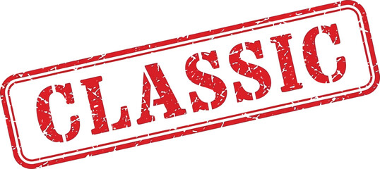 A distressed red rubber stamp with the word classic boldly printed in white isolated on a white background