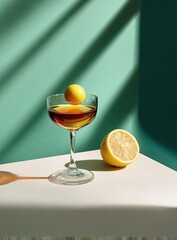 Cocktail with a suspended yellow ball and a lemon half against a turquoise backdrop