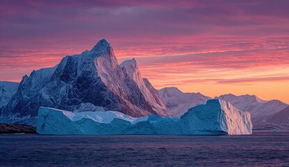 Serene, dramatic landscape showcases a large iceberg and snow-capped mountains at sunset