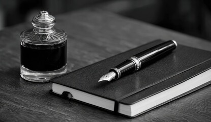 Black and white still life of a fountain pen atop a journal near an inkwell
