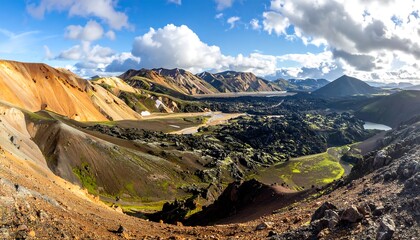 Vast panoramic vista showcasing vibrant, colorful mountainous terrain under a partly cloudy sky. The landscape features unique formations