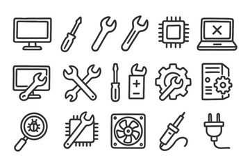 Fototapeta premium Simple line icons of computer repair tools and components.