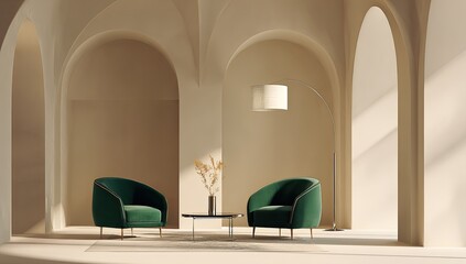 Interior scene of a room with arched doorways, two emerald green chairs, and a floor lamp