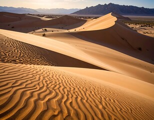 Vast, sunlit sand dunes cascade across the frame, leading to distant mountains under a warm, clear sky