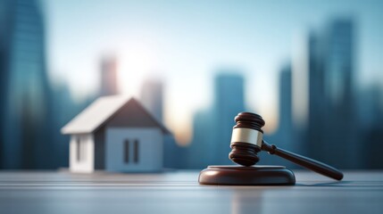 Real Estate Legal Consulting Tools on a Desk With a Model House and a Gavel in a City Setting During Golden Hour